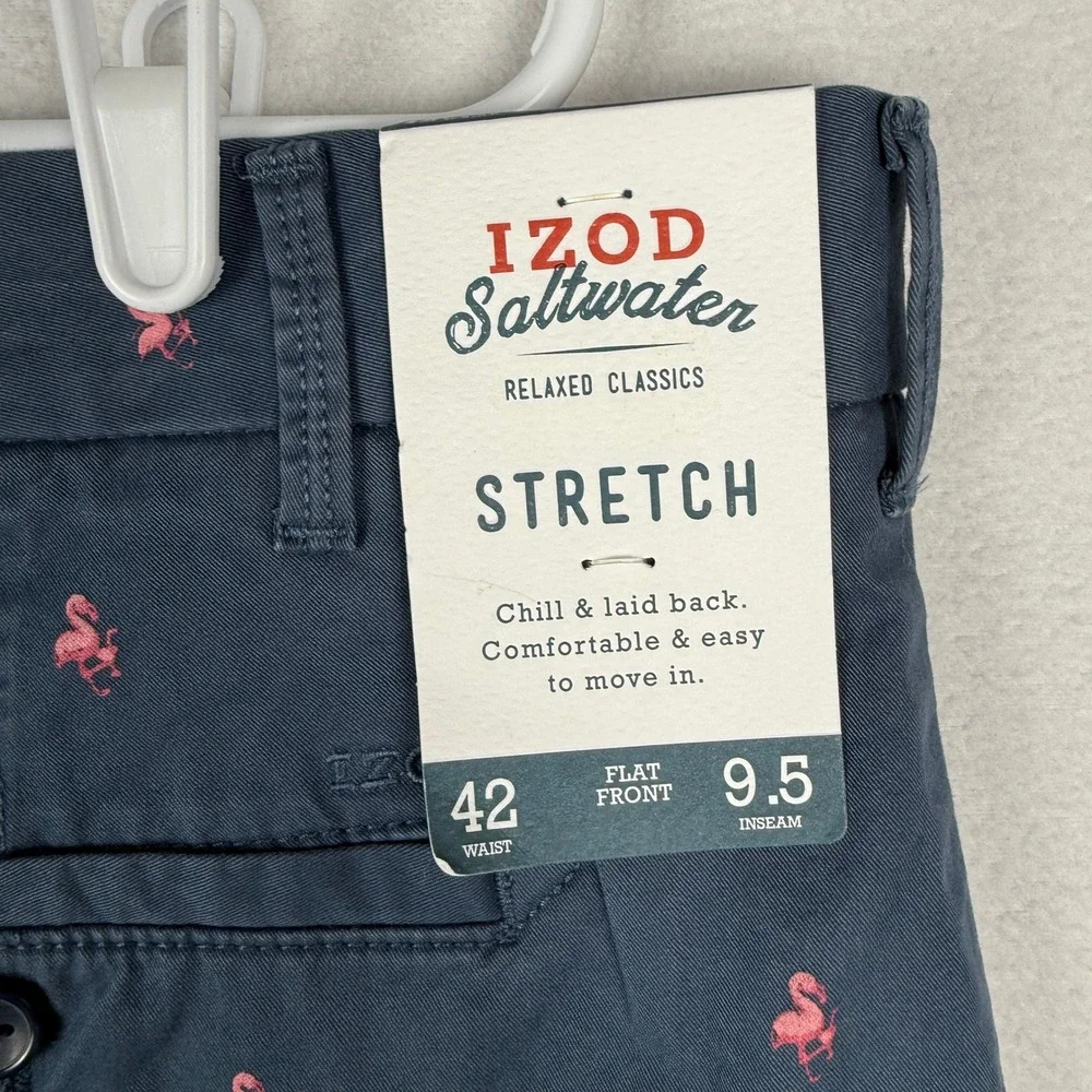 NEW Izod Saltwater Mens 42 Flamingo AOP Shorts Navy Blue Flat Front Chino - Picture 5 of 6
